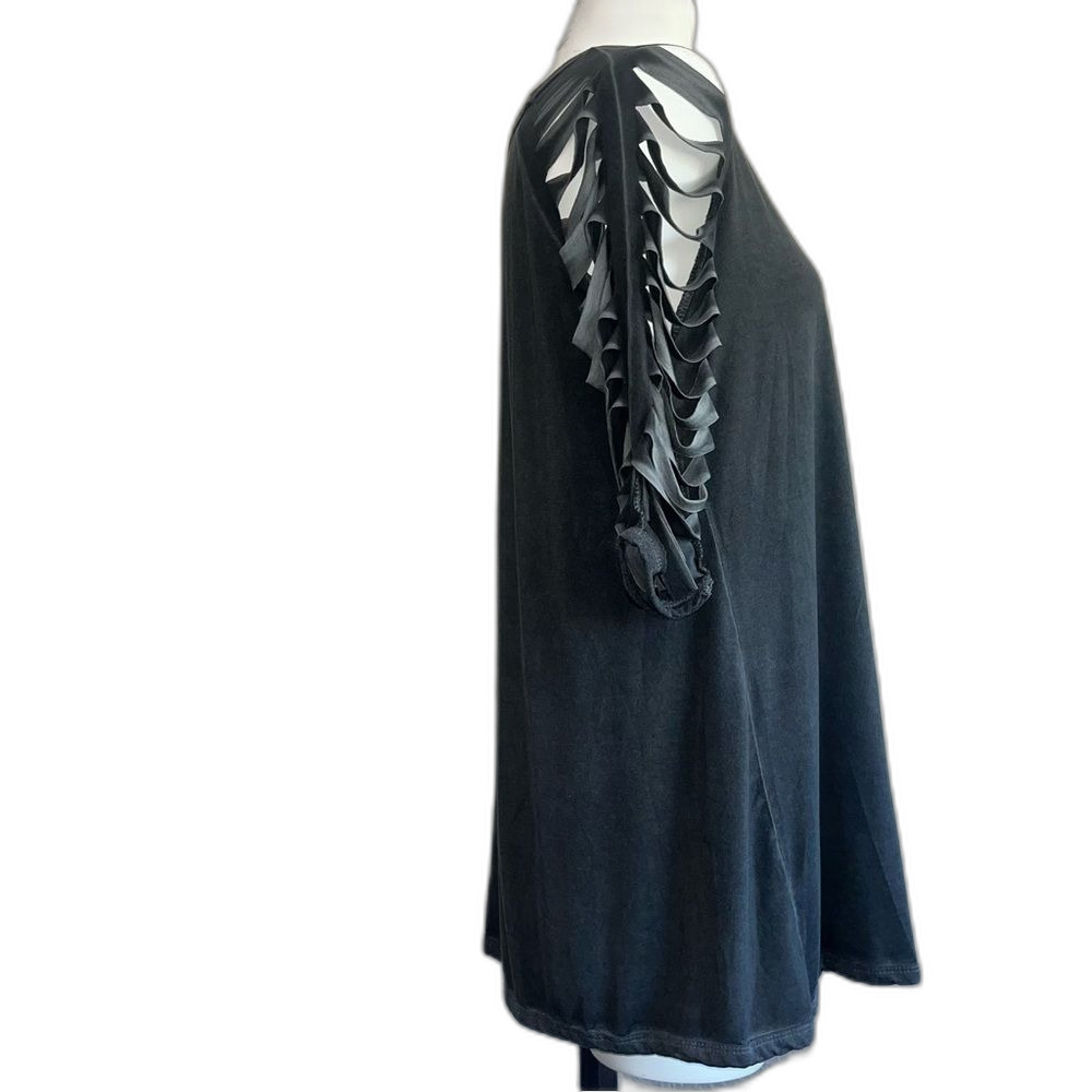 Very Moda Dark Charcoal Gray Distressed Sleeve Tunic Top Small Medium S/M NWOT - Picture 3 of 7